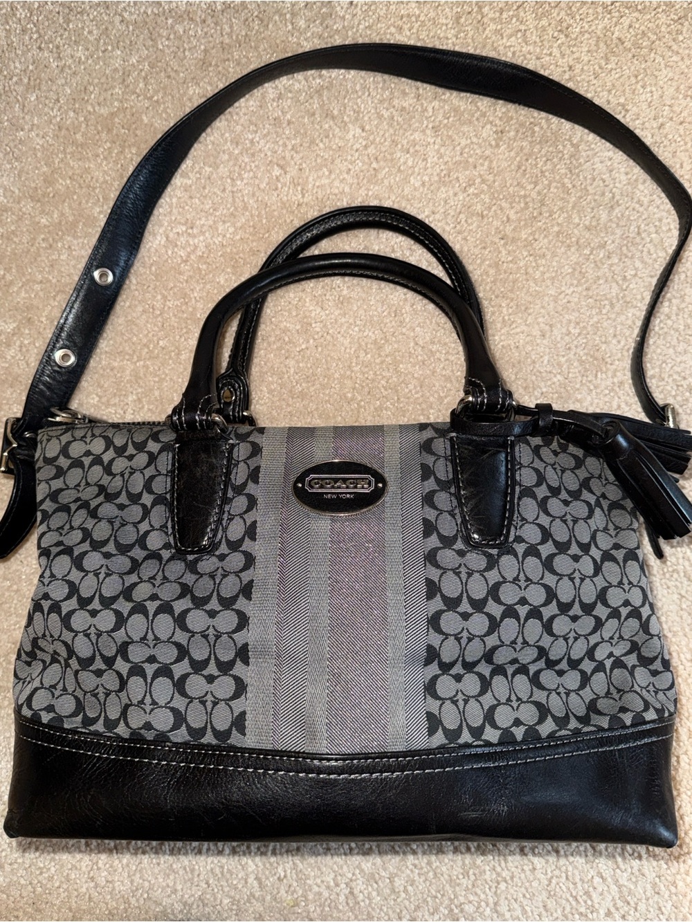 COACH LEGACY SIGNATURE STRIPE 21154 MOLLY SATCHEL/SHOULDER PURSE, Black/Grey